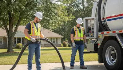 Septic pumping truck servicing a Highland Park, IL home for plumbing maintenance