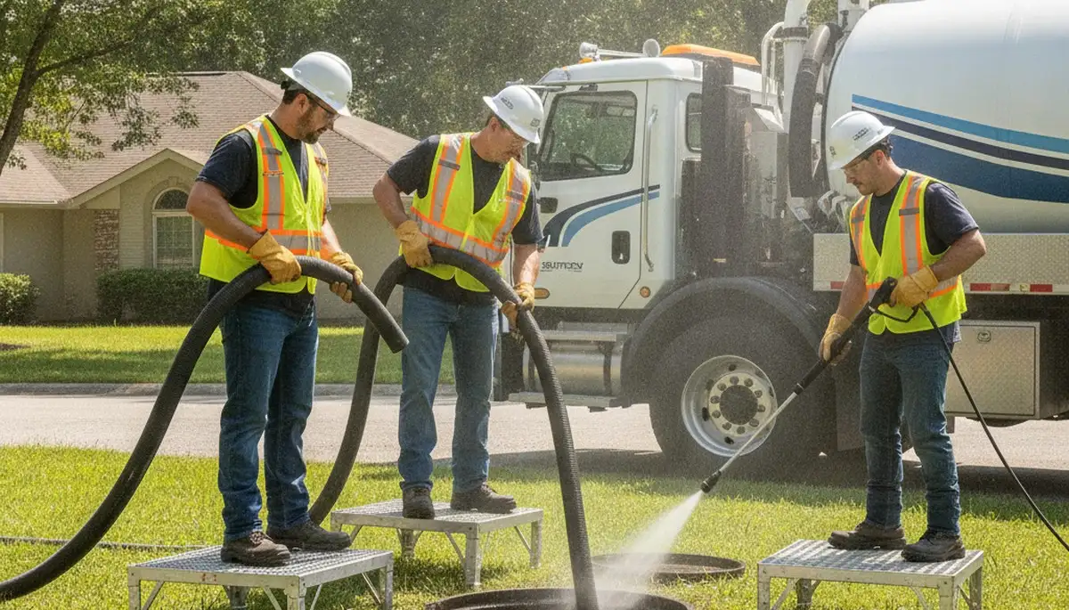 Septic tank cleaning service truck in Highland Park, IL for residential plumbing maintenance