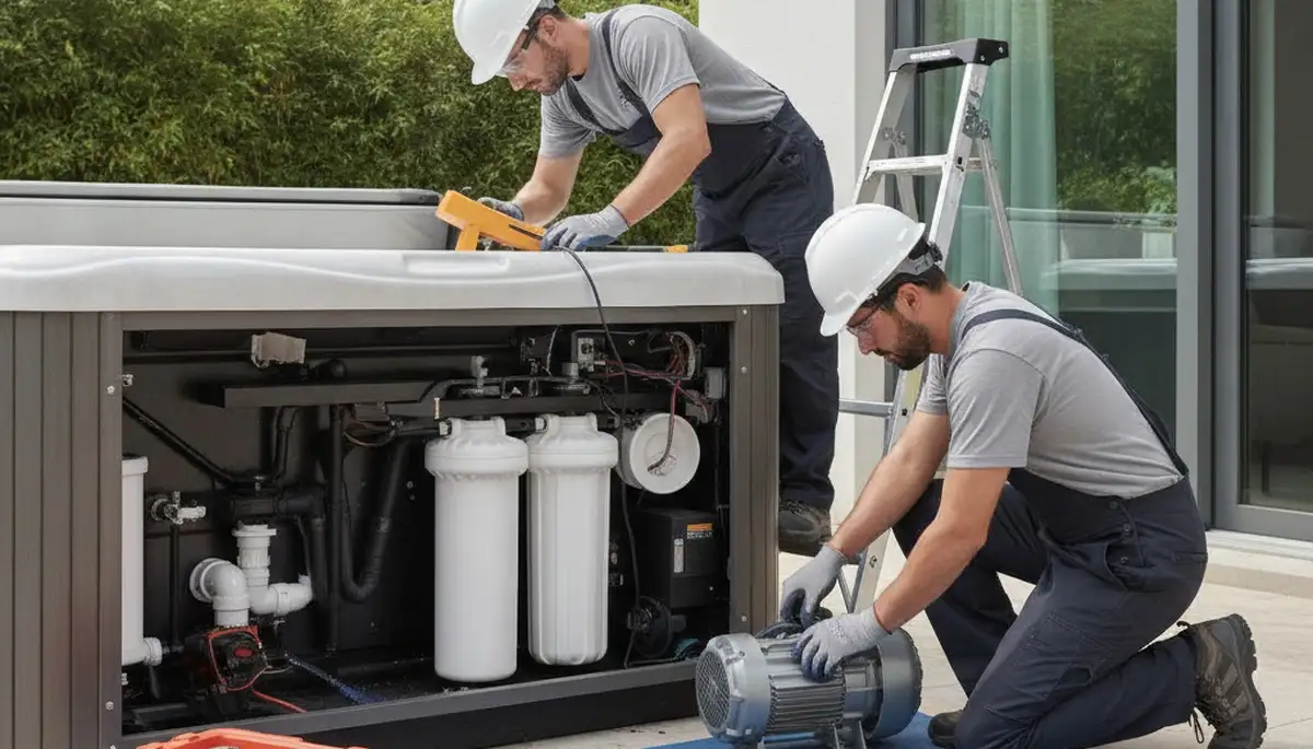 Spa repair technician servicing a Highland Park, IL home spa for seasonal wear and cold-weather damage